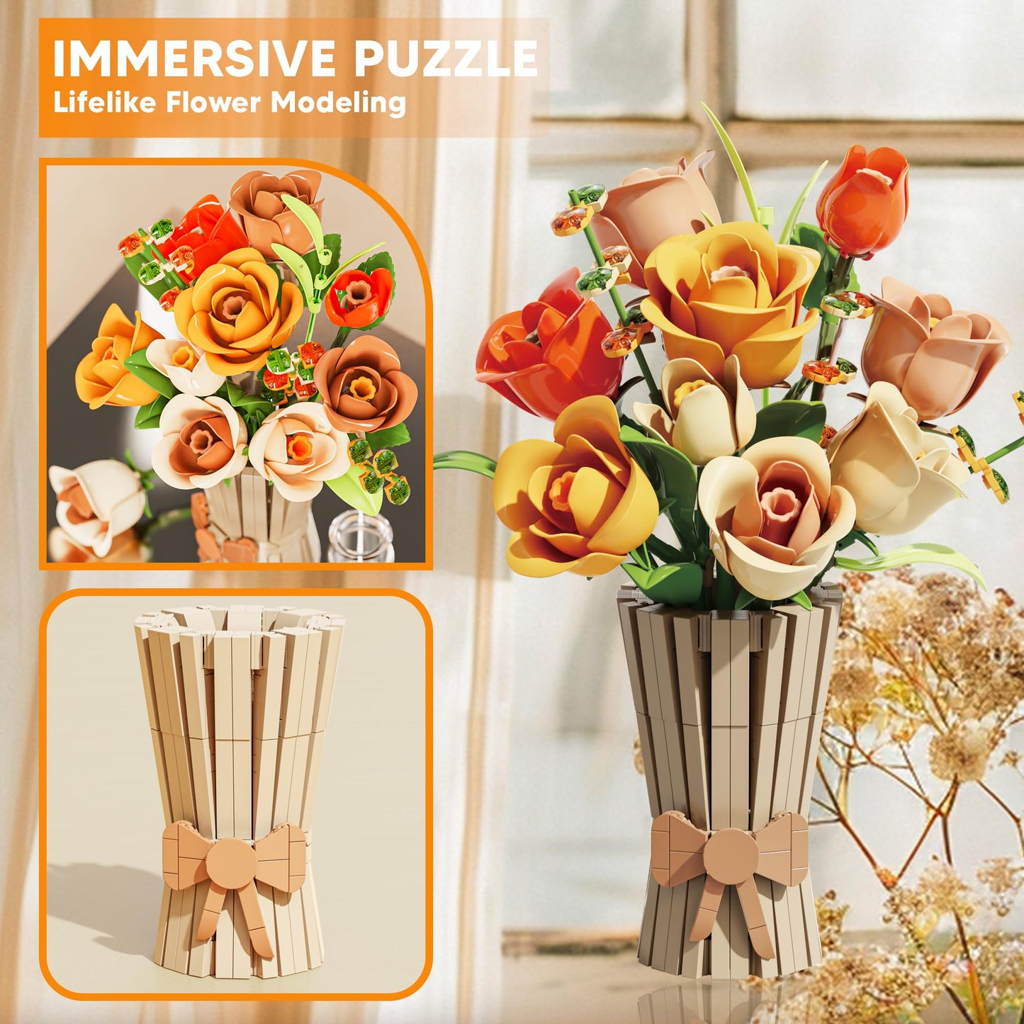 Chanbrick Roses Building Set Flowers Bouquet With Vase Botanical Collection For Adults -868Pcs