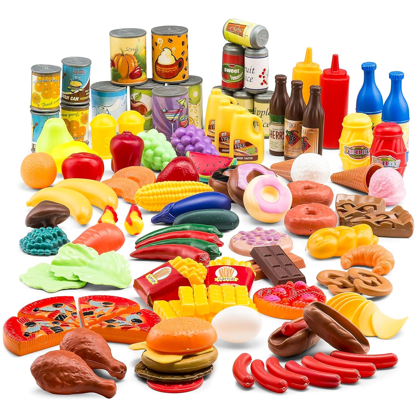 Jaxojoy 122 Piece Pretend Play Food Set for Kids - Toy Food for Kids Kitchen Set, Pretend Play Kitchen Food, Kids Kitchen Access