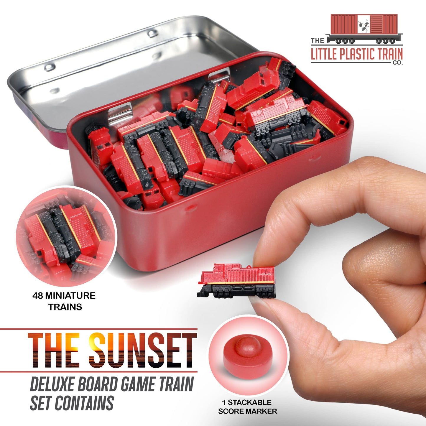 The Little Plastic Train Co. Sunset Deluxe Board Game Train Set - Red Miniatures for Ticket to Ride, Model LPX 1005