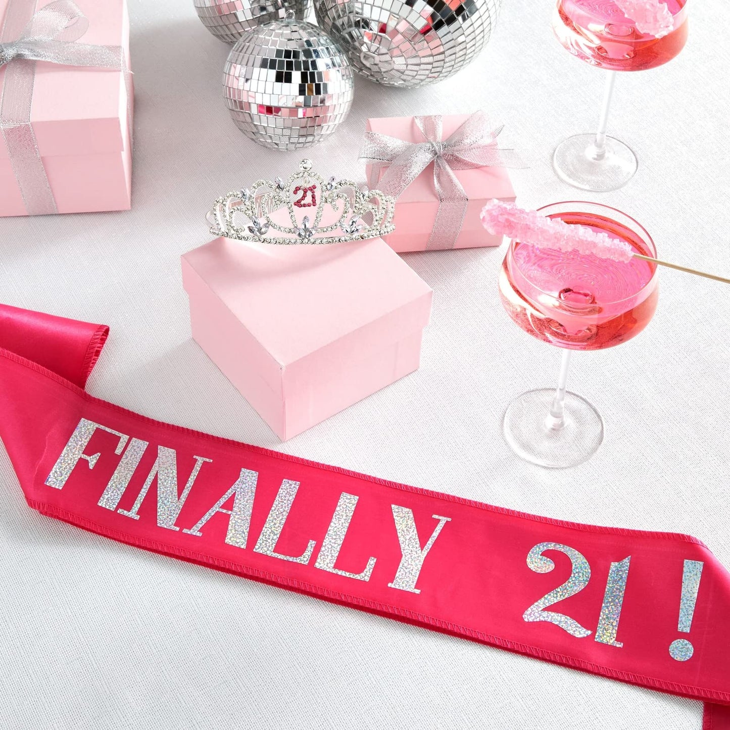 21st Birthday Sash and Crown Set for Her, Finally 21 Hot Pink Reflective Sash, Rhinestone Tiara, and 21st Birthday Decorations