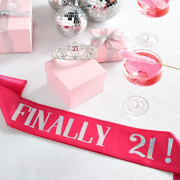 21st Birthday Sash and Crown Set for Her, Finally 21 Hot Pink Reflective Sash, Rhinestone Tiara, and 21st Birthday Decorations