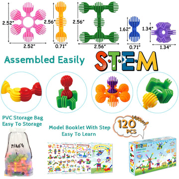 Kids Building Blocks Stem Toys, 120 Pcs Plastic Gear Interlocking Sets That Bends - Safe Material - Toddler Educational Toy For Girls And Boys Aged 3+