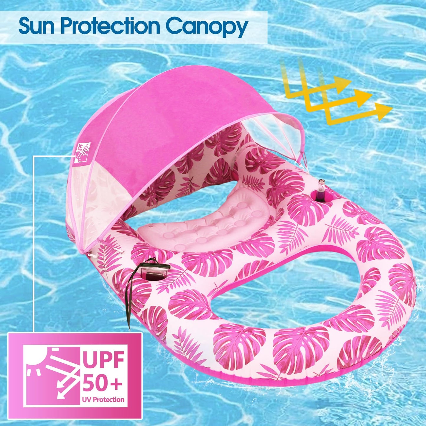 COOLCOOLDEE Inflatable Pool Lounge Float with Canopy, UPF50+, Extra Large, Pink, Heavy Duty, Model CCD04