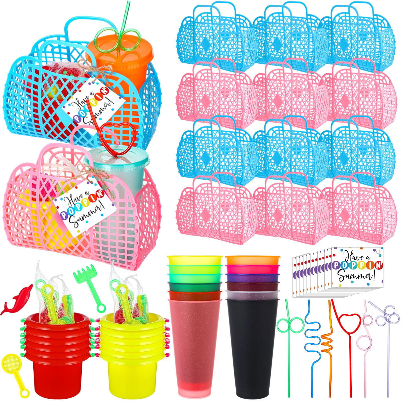 Simgoing Summer Beach Party Favors for Kids Bulk 73 Pcs Pool Gifts Include Sand Beach Buckets Baskets Cups Straws for Kindergart