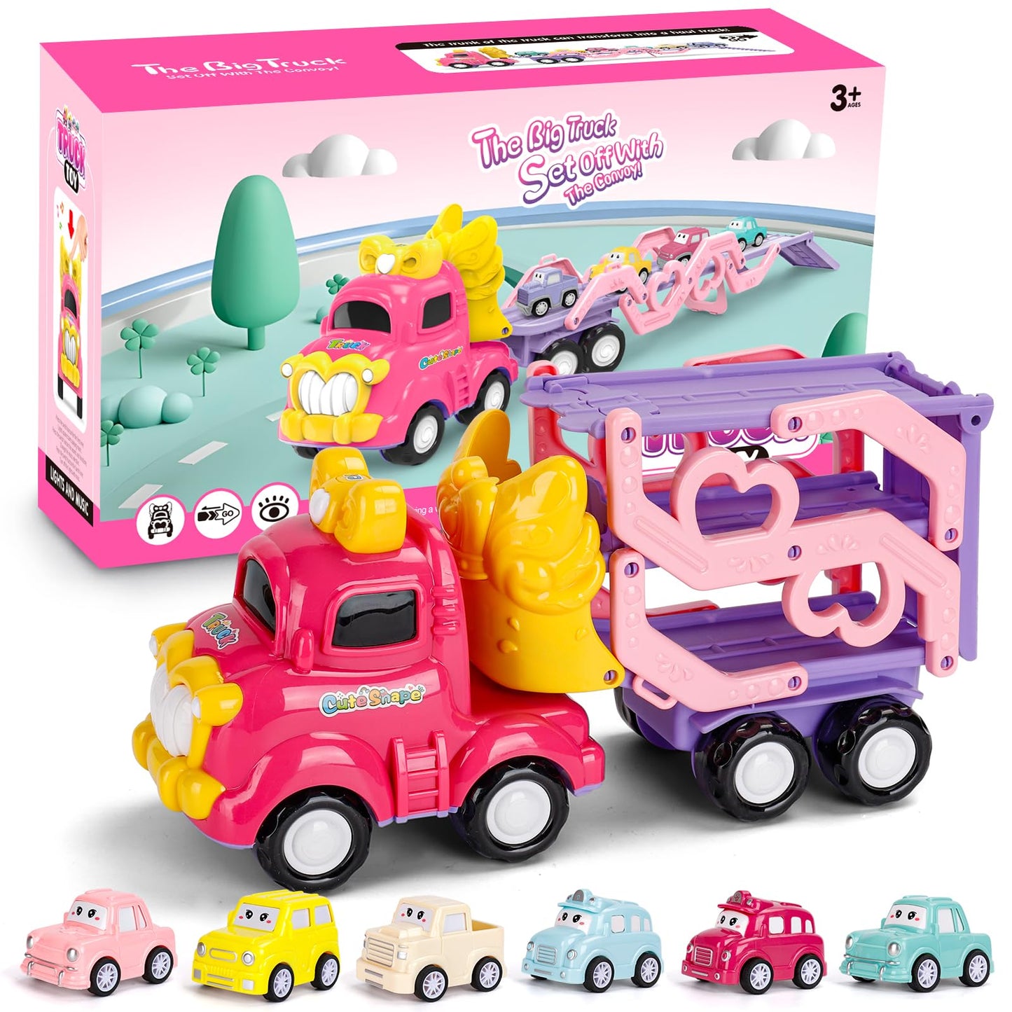 Lovinkiki Toddler Car Toys for 1, 2, 3+ Year Old Girls, 7-in-1 Carrier Truck for Age 1 2 3 with Light & Music 3-Layer Transport