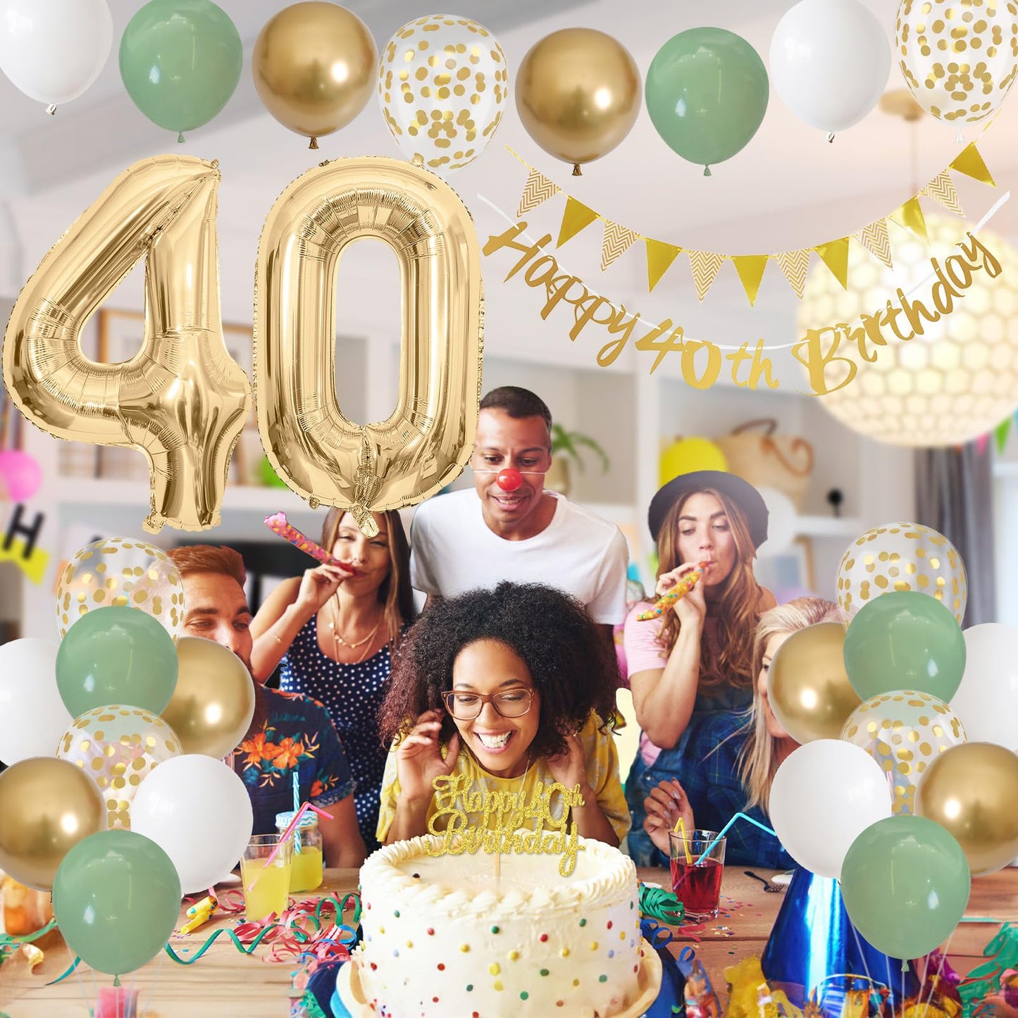 40Th Birthday Decorations For Women Men, Sage Green White Gold Birthday Balloons With Happy 40Th Birthday Banner Birthday Cake T