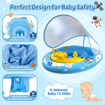 Baby Pool Float with Canopy UPF50+ Sun Protection  Baby Swimming Float with Toy Play Console  Toddler Pool Floats with Adjustable Safety Seat for Kids Infant Todder Girls Boys Aged 6-36 Months (Blue)