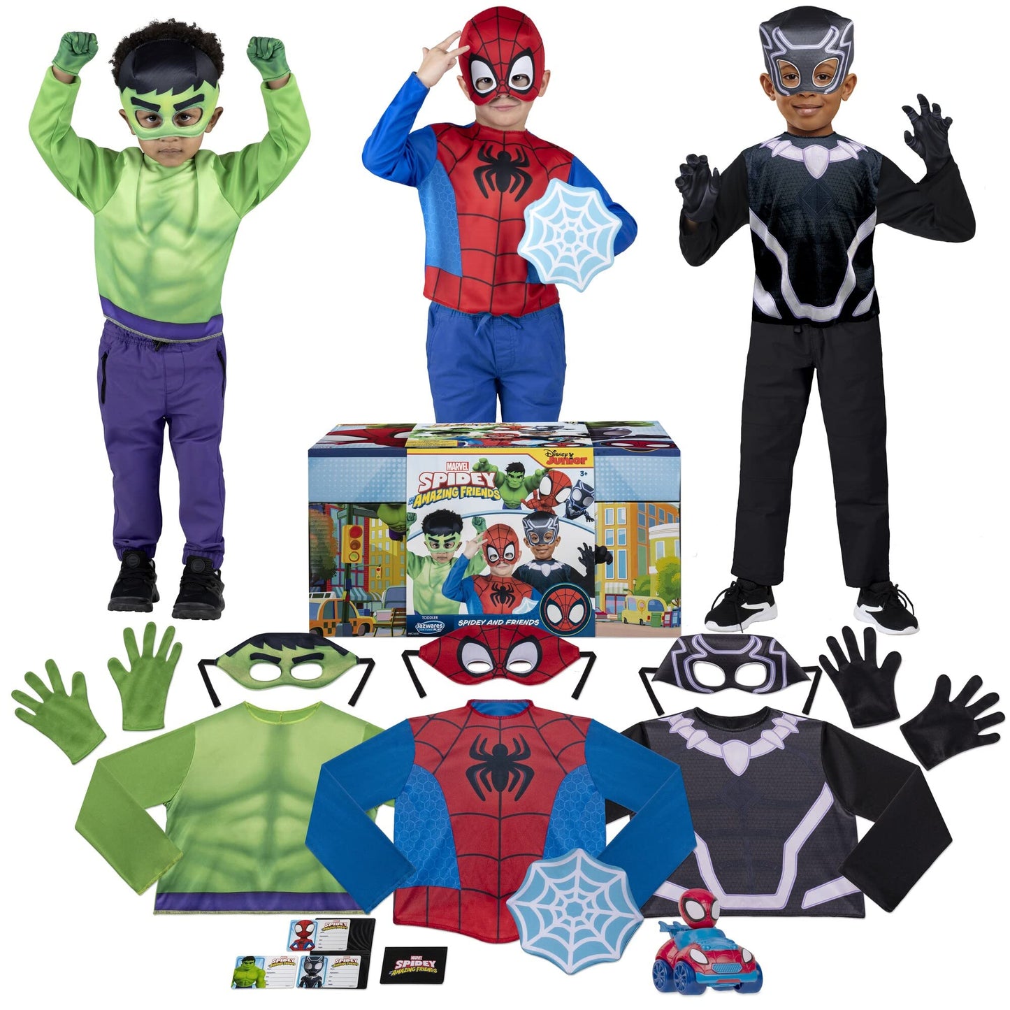 Marvel Spidey Friends Child Halloween Costume Dress-Up Box - Three Sets Of Tops, Gloves, And Plastic Masks (3-4T) Multi