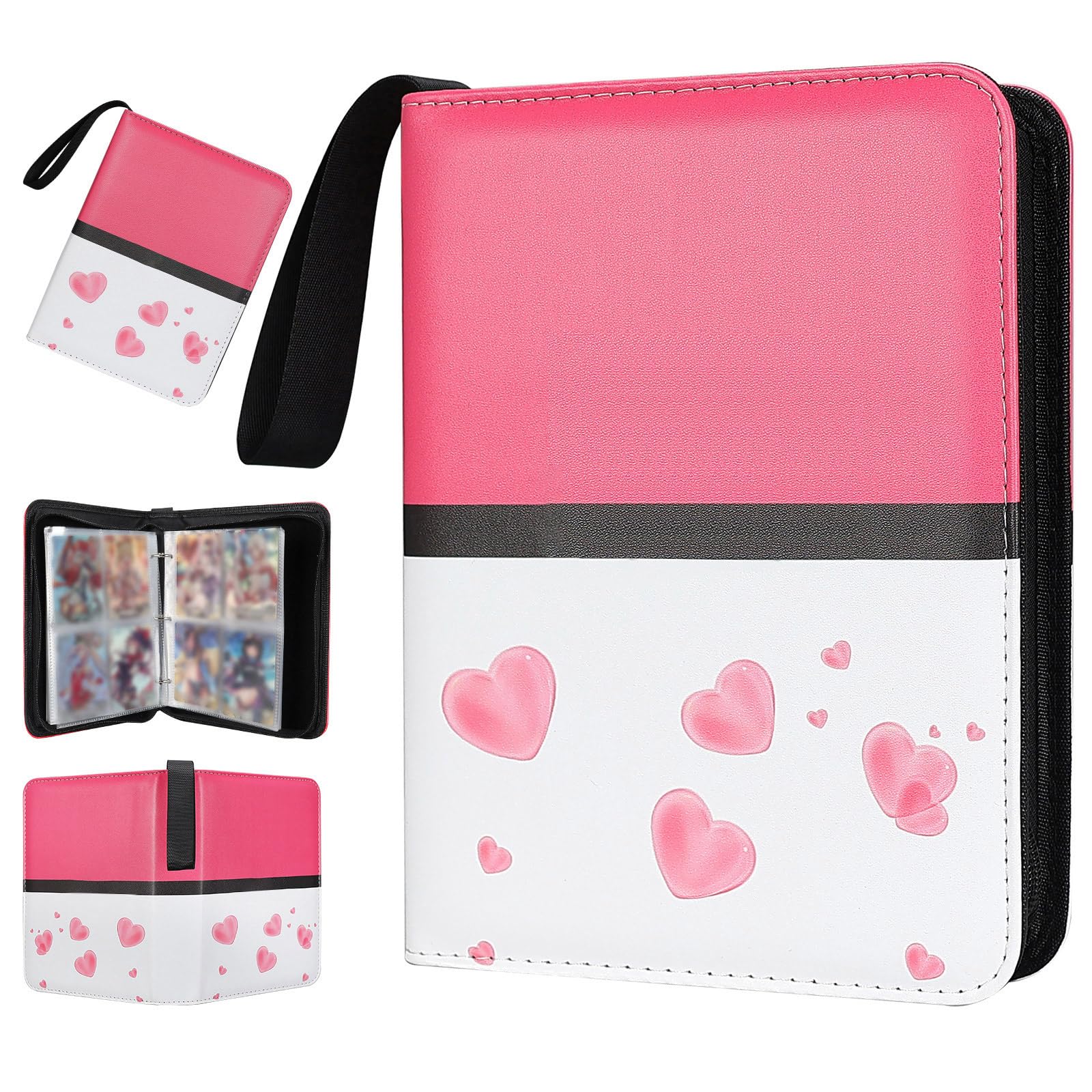 FootJKYX Collectible Trading Card Albums 4 Pocket Card Binder  400 Double Sided Pocket PU enhanced Zip Trading Collection Binderwith 50 Removable Sleeves  Card Folder forTCG  Sports Cards (Pink White)
