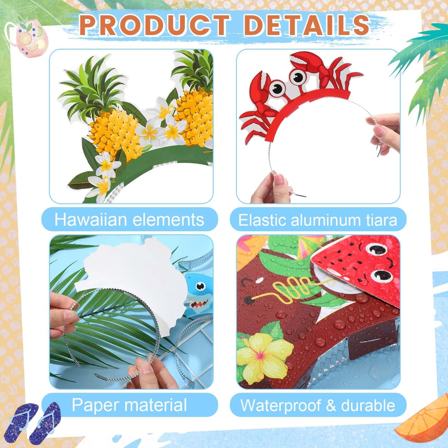 Foilswirl 12 Pcs Hawaiian Party Headbands Paper Luau Tropical Headwear Hawaiian Party Favors Fun Tropical Fancy Dress Props Beac