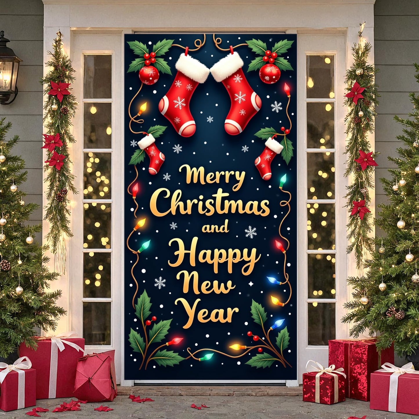 Large Christmas Door Cover Merry Christmas and Happy New Year Door Banner with Red Stockings and String Lights Party Holiday Por