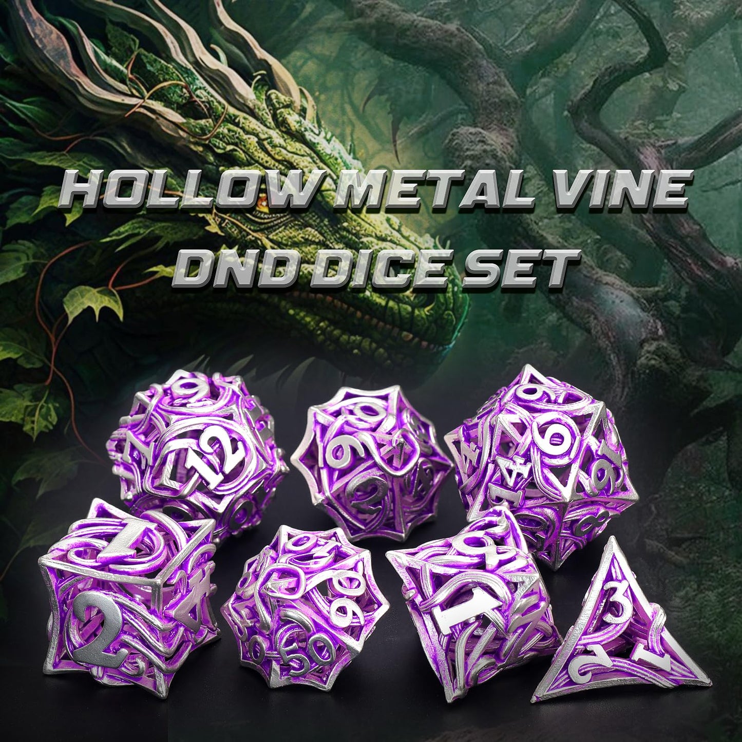 FONVGOGO Metal DND Dice Set of 7 for Dungeons and Dragons Hollow Polyhedral Metal Vine Dice Set D&D with Case Role Playing D and