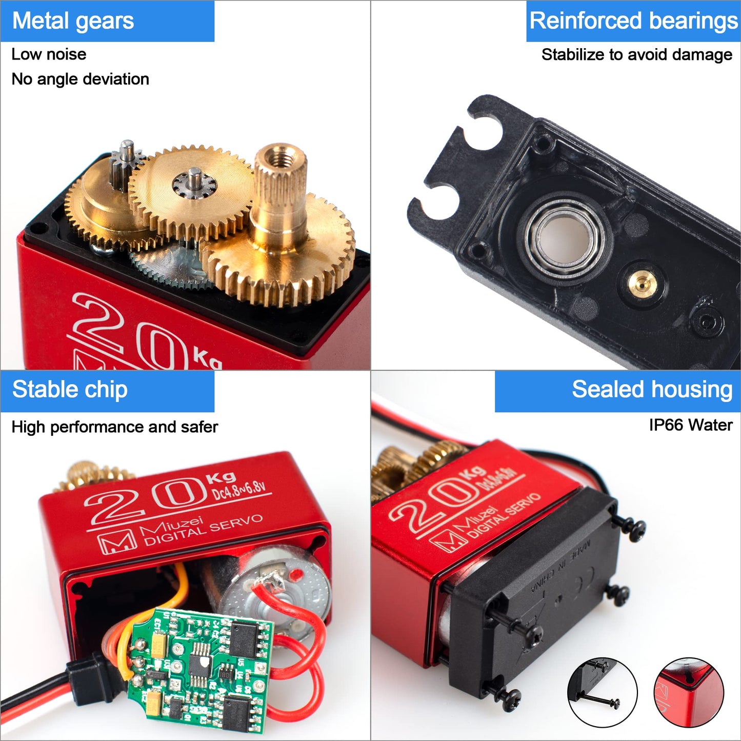 Miuzei 20KG High Torque RC Servo Motor, Metal Gear, Waterproof, DS3218, 270° Control Angle for R/C Models, DIY Cars, Robots