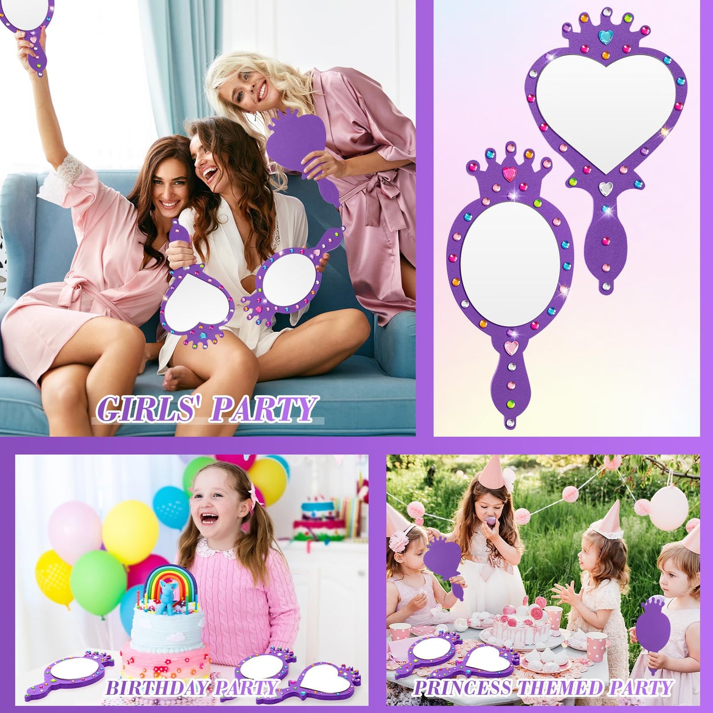 Geetery 20 Pcs Unbreakable Kids Mirror DIY Decorate Your Own Princess Mirror Mermaid Princess Foam Small Crafts for Princess Par