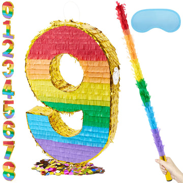 PCFING 20 Inch Number 9 Piata Rainbow with 30 Inch Piata Stick Blindfold Confetti for Boy Girl Kids Birthday Party Decorations, 