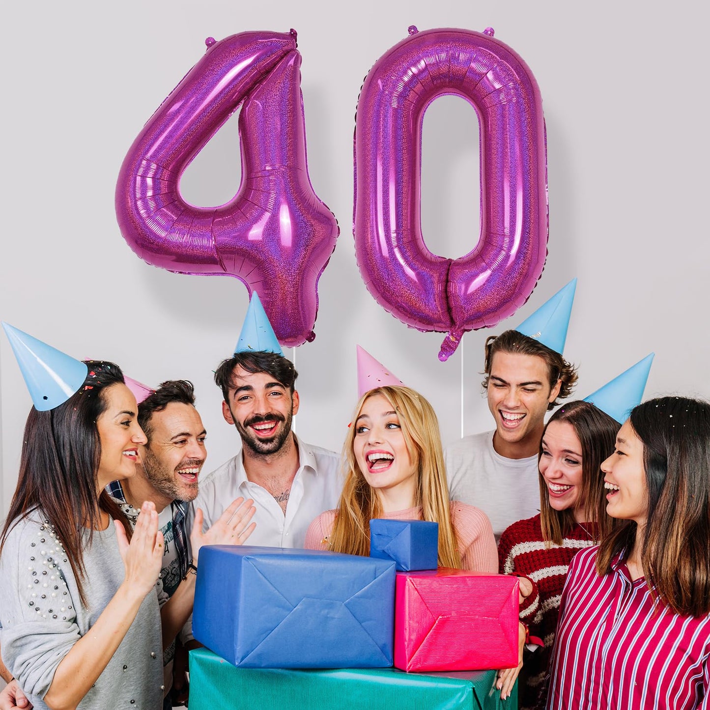 40 Balloon Laser Hot Pink, Self Inflating 40 Inch Number 40 Mylar Balloon Bright Pink Decor For Women, Foil Helium Iridescent Bi