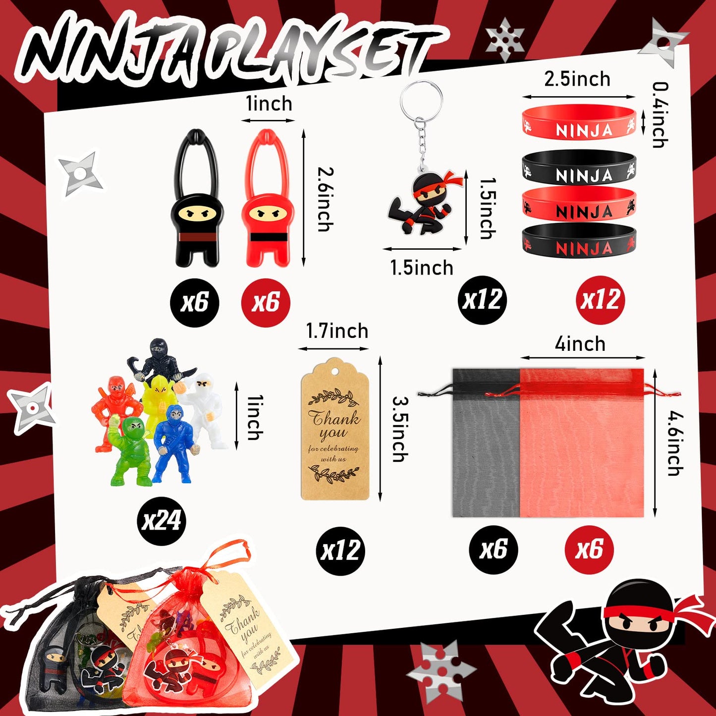 84 Pcs Ninja Party Favors Include 12 Stretchy Flying Ninjas, 24 Mini Ninja Figurines, 12 Ninja Silicone Wristbands, 12 Ninja Key