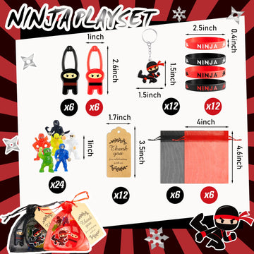 84 Pcs Ninja Party Favors Include 12 Stretchy Flying Ninjas, 24 Mini Ninja Figurines, 12 Ninja Silicone Wristbands, 12 Ninja Key