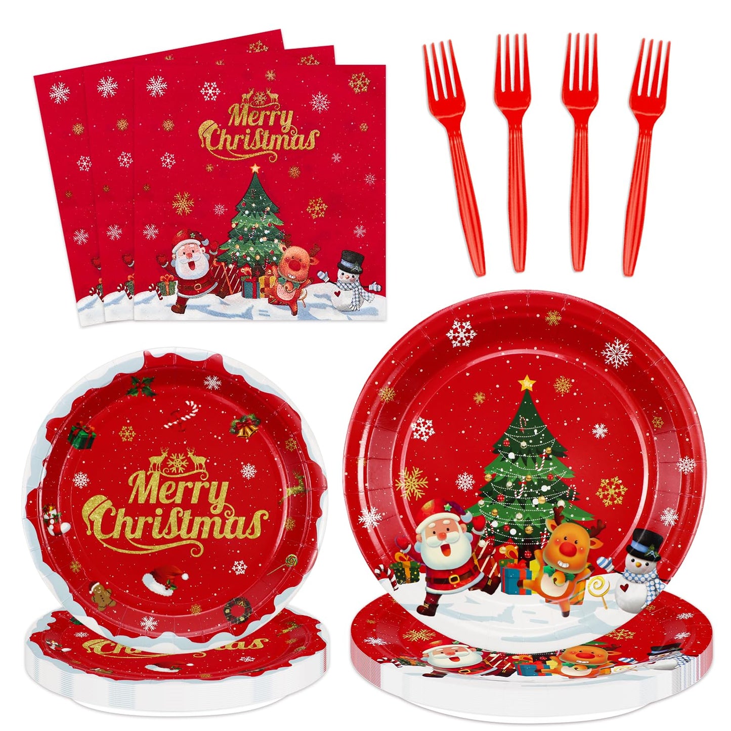 XJLANTTE Christmas Party Decorations - Including Merry Christmas Paper Plates, Snowman Napkins, Forks Christmas Dinnerware Set f