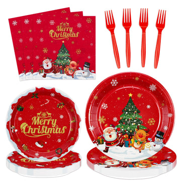 XJLANTTE Christmas Party Decorations - Including Merry Christmas Paper Plates, Snowman Napkins, Forks Christmas Dinnerware Set f