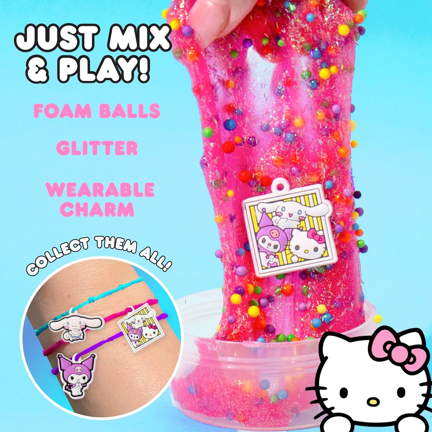 Hello Kitty and Friends SLIMYGLOOP Mix'EMS, Pink Glitter Slime, Collectible Charm, Fun Slime Add-Ins, Party Favors for Kids 8-12
