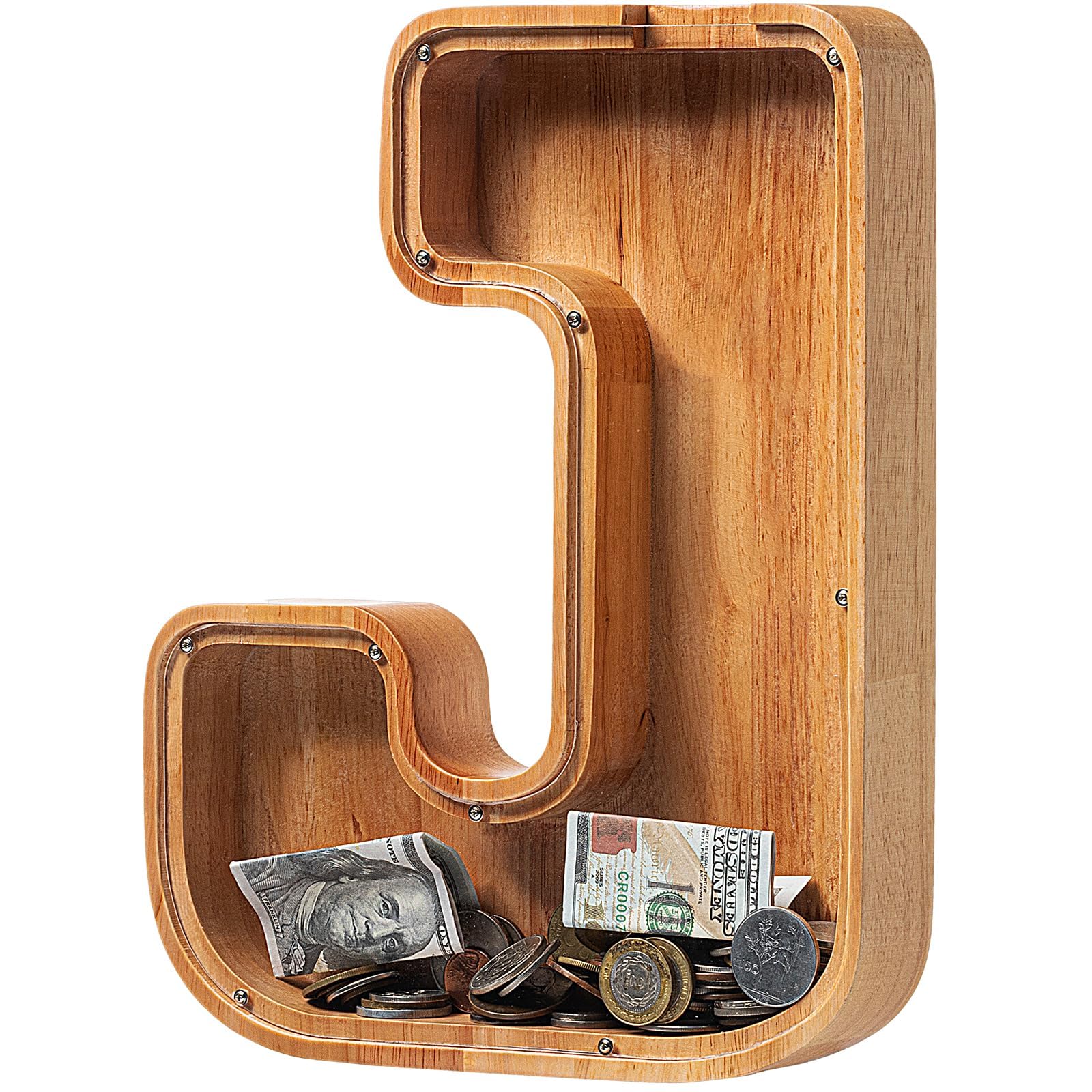 Piggy Bank For Kids Boys Girls, Large Personalized Wooden Letter Piggy Bank With Cut-Out Design, Alphabet Letter Coin Banks, Money Savings Box, Wooden Bank For Kids Creative Gift For Real-Money(J)