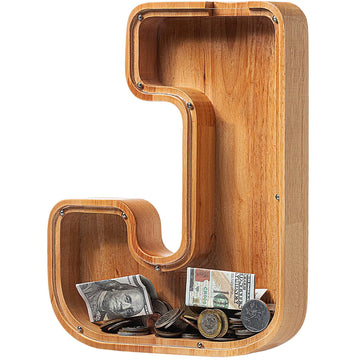 Piggy Bank For Kids Boys Girls, Large Personalized Wooden Letter Piggy Bank With Cut-Out Design, Alphabet Letter Coin Banks, Money Savings Box, Wooden Bank For Kids Creative Gift For Real-Money(J)