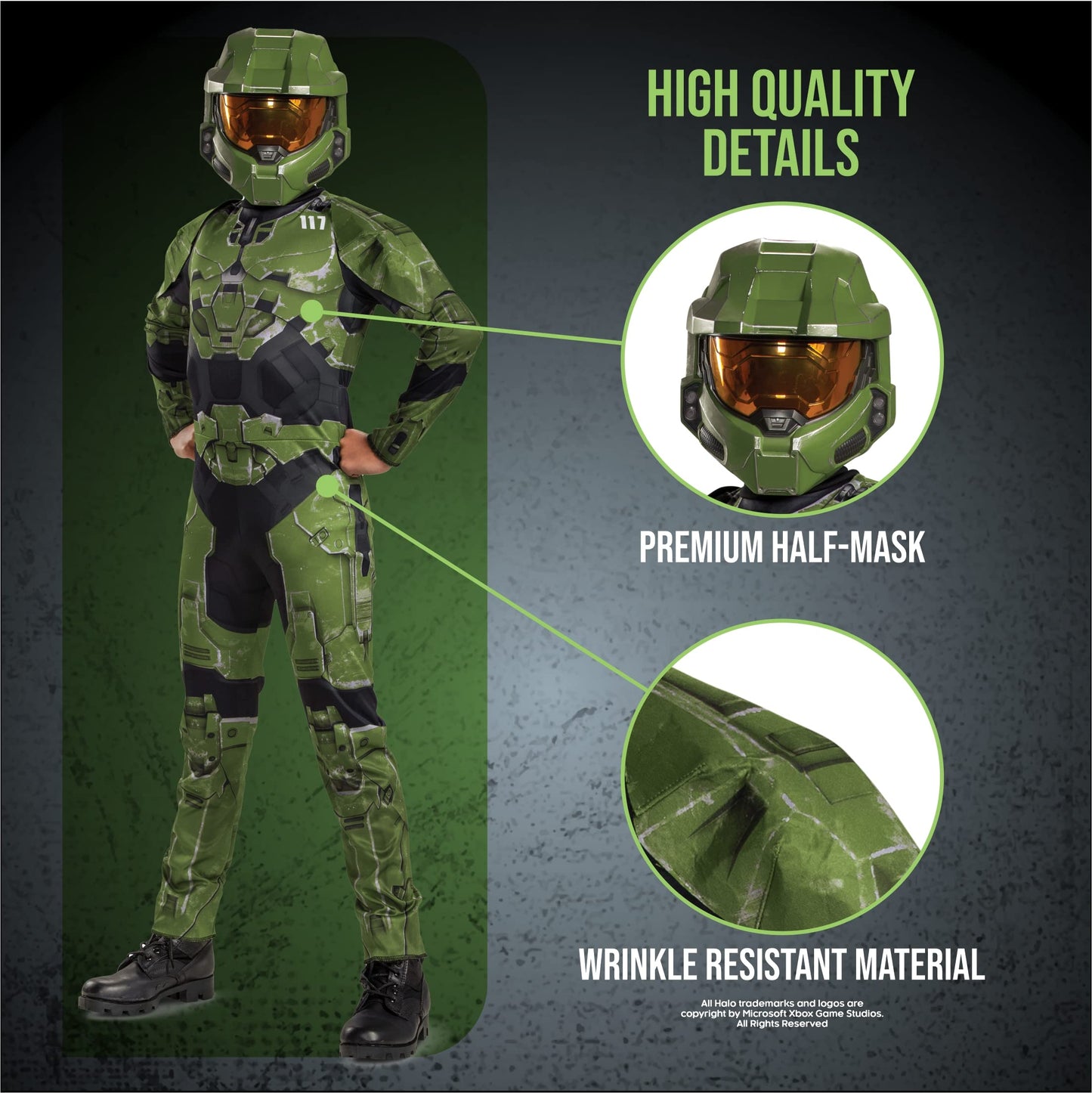 Halo Infinite Master Chief Costume  Kids Size Video Game Inspired Character Jumpsuit  Classic Child Size XL (14-16)  Green & Black