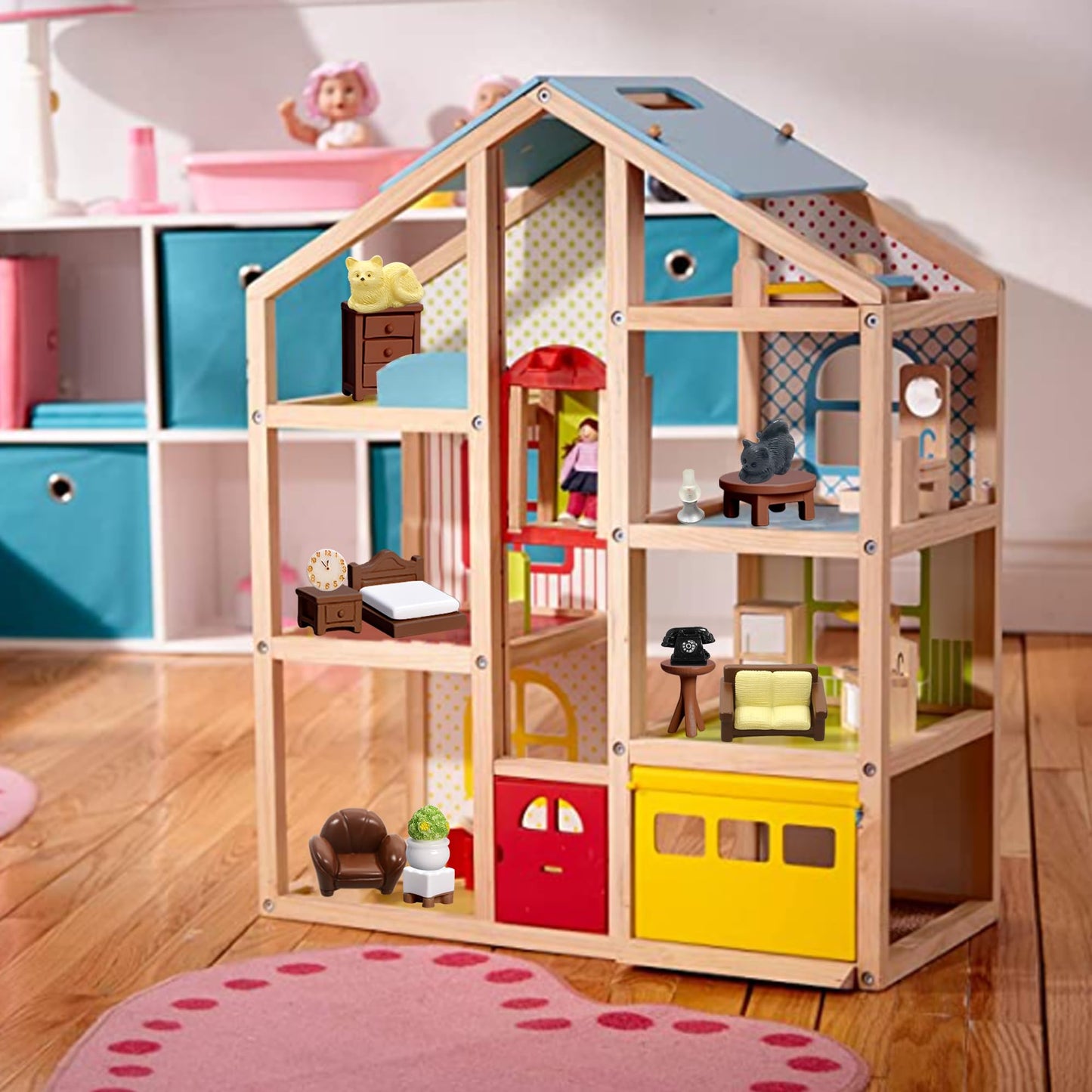 23Pcs Brown Dollhouse Mini Furniture Kit Decoration Diy Accessories Including Dining Room Sitting Living Bedroom Set Toys For Ba