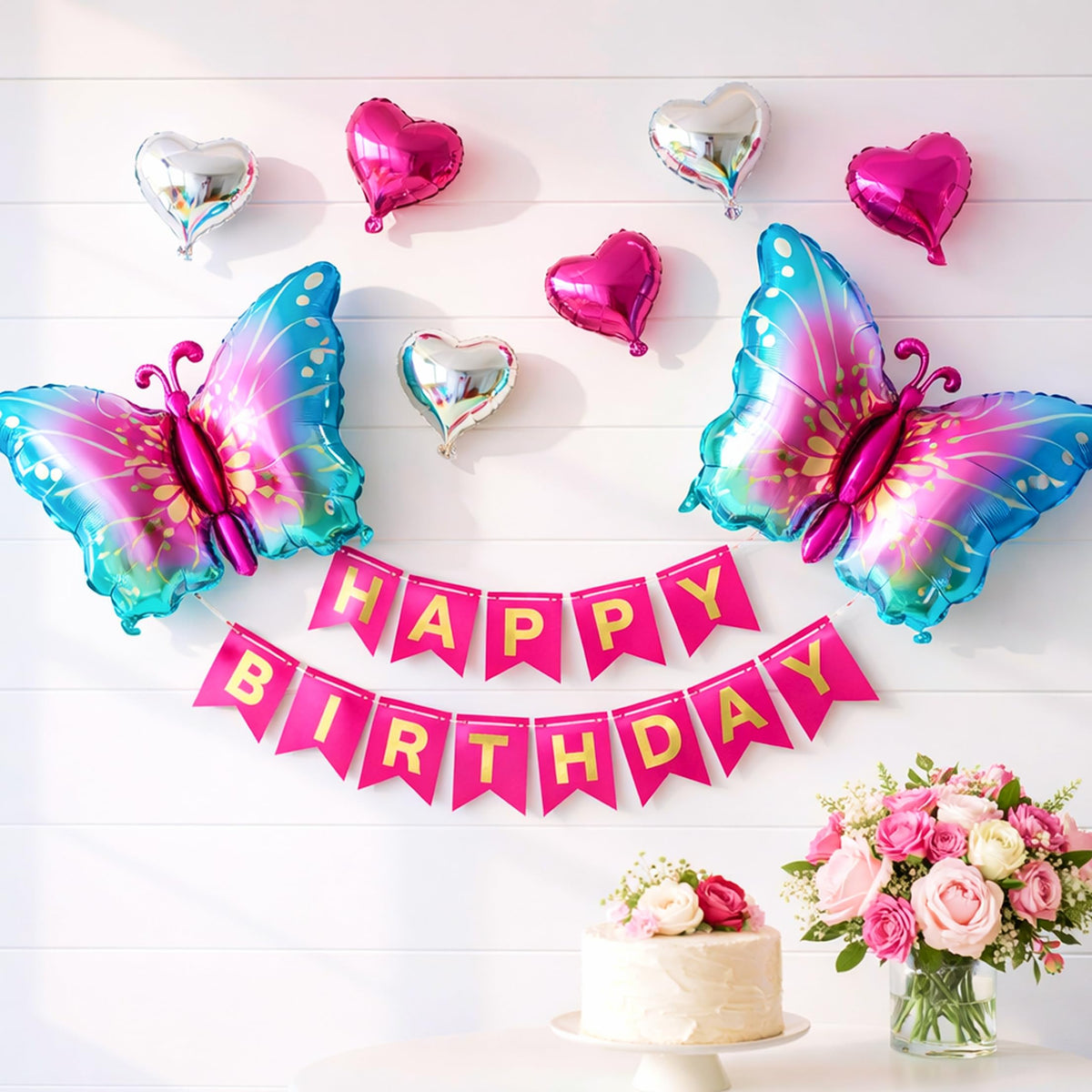 The FOMO Factory Butterfly Theme Birthday Decoration Set for Girls  Blue Pink Butterfly Foil Balloons with Silver & Pink Heart 