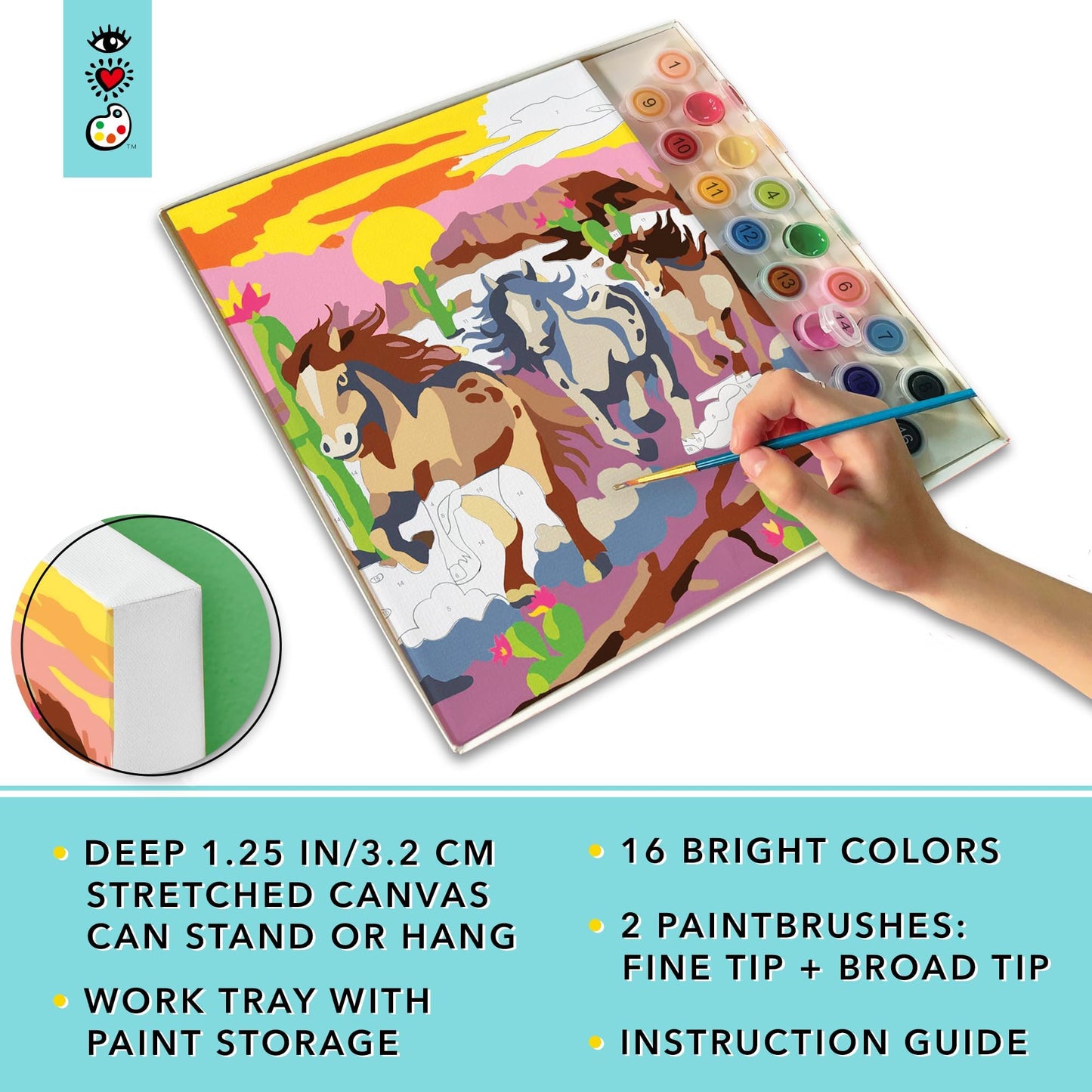 Bright Stripes Paint By Numbers Kit for Kids - Wild Horses Theme, Multicolor Canvas, Includes 16 Paints & 2 Brushes, Ages 8+