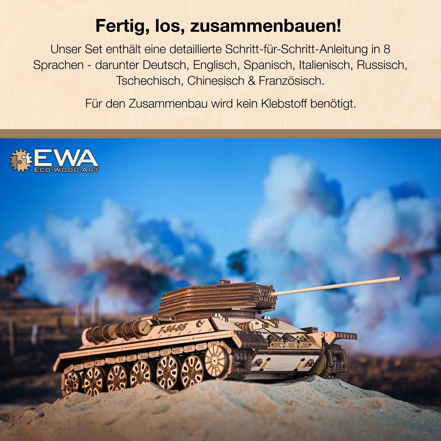 3D Wooden Puzzles For Adults - Diy T-34-85 Tank 3D Puzzle Model Kit With Rubber Band Engine, Rolling Wheels & Rotating Cannon -