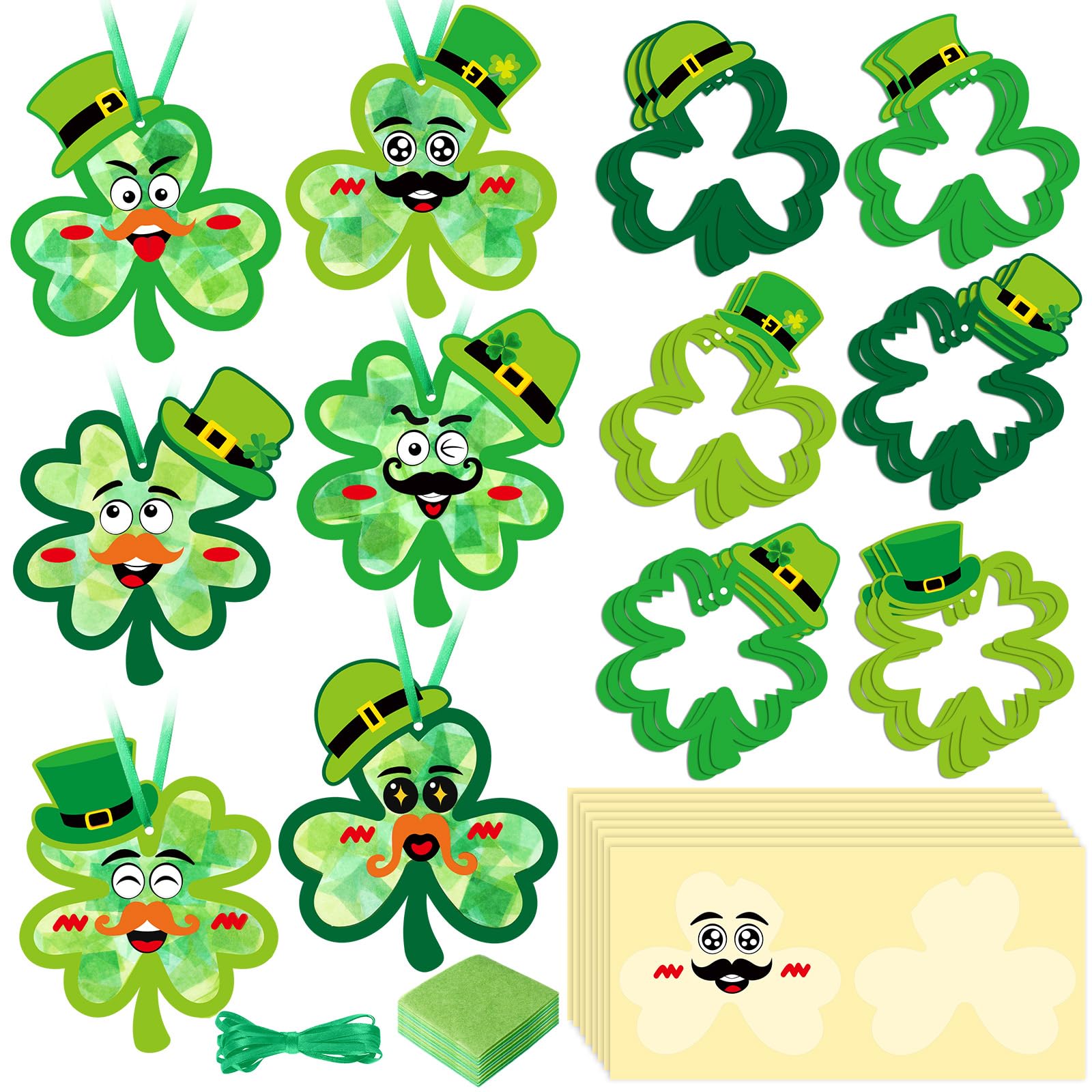 Tinlade 24 Pcs St Patricks Day Crafts Kit Lucky Shamrock Suncatcher Craft Irish Day Window DIY Tissue Paper Suncatcher Decoratio