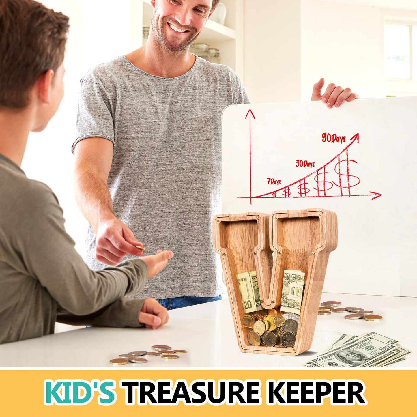 ELX Wooden Piggy Bank for Kids Boys  Personalized Letter Money Bank  Safe & Durable Savings Box for Toddlers Girls  Gifts for Birthday Holiday Christmas