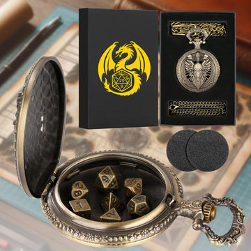 Mini DND Dice Set Steampunk Hollow Paladin Knight Warrior Pocket Watch Shell Case, 7pcs Polyhedral Metal D&D Dice Set, DND Gifts