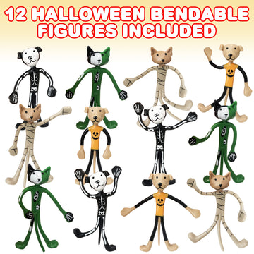 Artcreativity Halloween Bendable Figures, Set Of 12, 3D Halloween Themed Dogs And Cats In 4 Different Designs, Stress Relief Toys For Boys And Girls, And Non-Candy Trick Or Treat Supplies