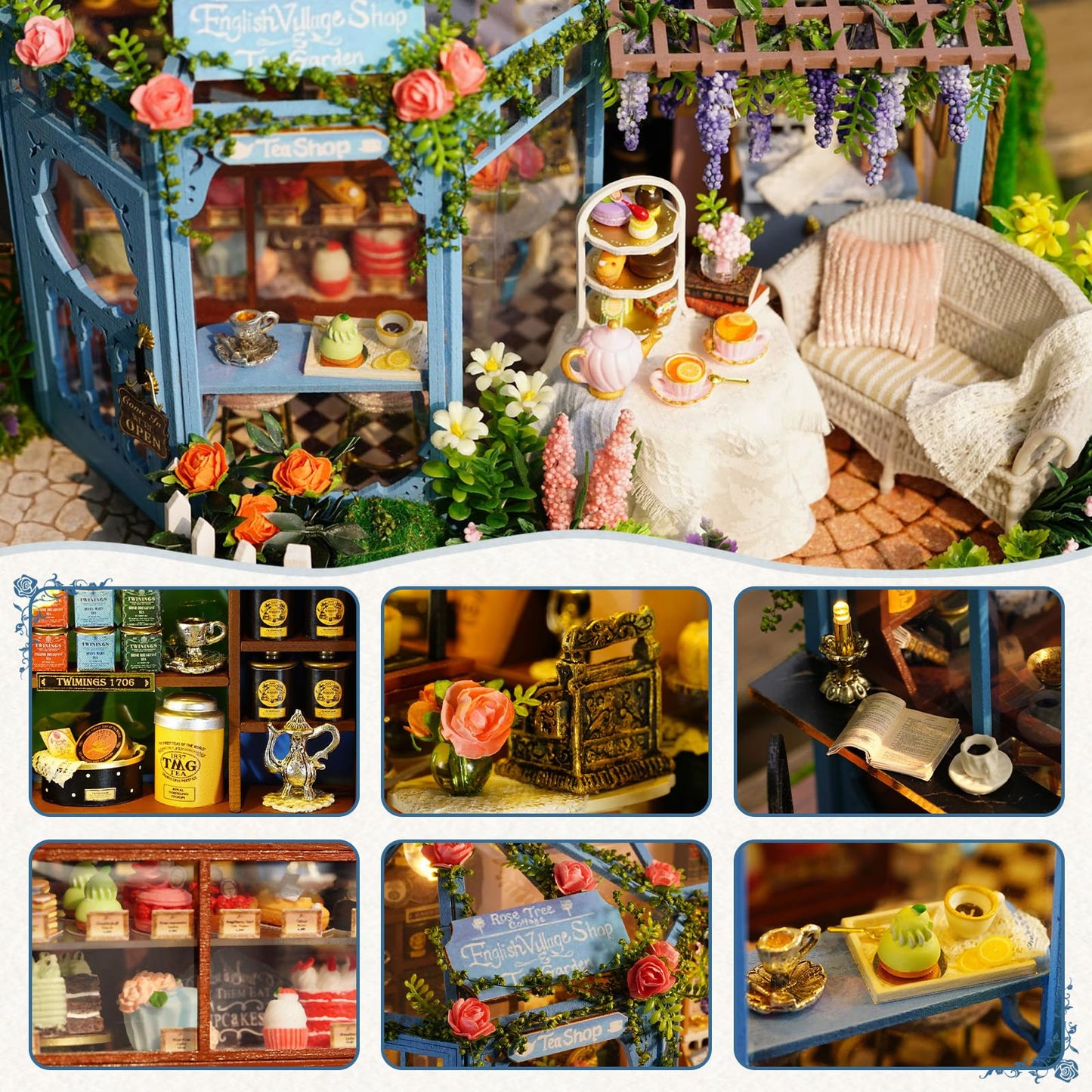 Fsolis DIY Miniature Dollhouse Kit for mature-themeds - Tiny Scene House Mini Garden House Kit 3D Puzzles for mature-themeds Gifts for Women Teenagers Craft Lovers (Rose Garden Tea House)