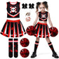 RUODON 9 Pieces Girls Halloween Cheerleader Costume Zombie Fearleader Costume Set Includes Top Skirt Socks Pompom Sticker Bow Black and Red