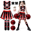 RUODON 9 Pieces Girls Halloween Cheerleader Costume Zombie Fearleader Costume Set Includes Top Skirt Socks Pompom Sticker Bow Black and Red