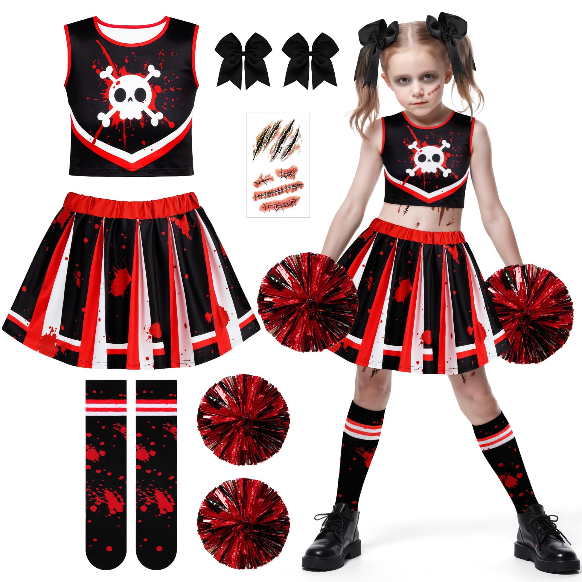 RUODON 9 Pieces Girls Halloween Cheerleader Costume Zombie Fearleader Costume Set Includes Top Skirt Socks Pompom Sticker Bow Black and Red