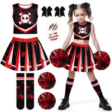 RUODON 9 Pieces Girls Halloween Cheerleader Costume Zombie Fearleader Costume Set Includes Top Skirt Socks Pompom Sticker Bow Black and Red