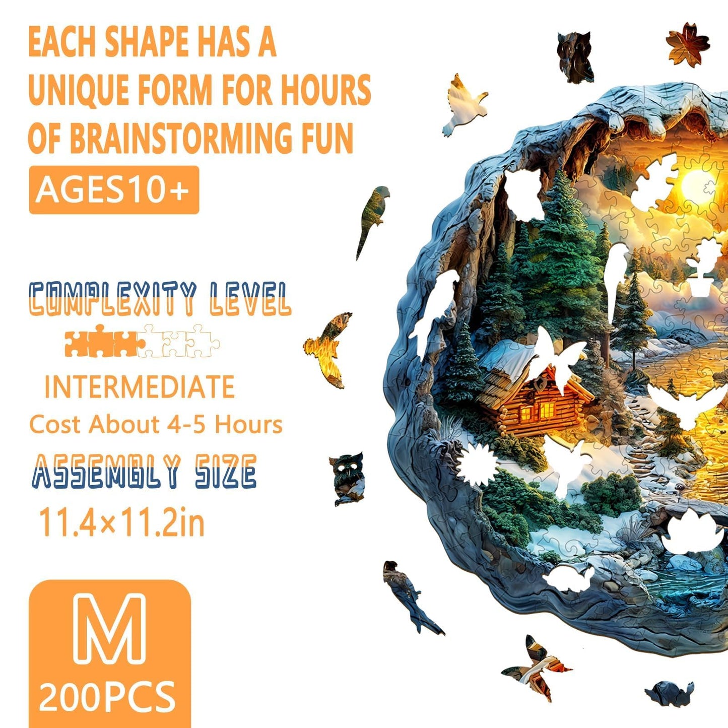 Wooden Puzzles for mature-themeds  Flat Puzzle with 3D Visual Effect  Winter Scene Wooden Jigsaw Puzzles for mature-themeds  Forest River Sunset Wood Puzzles mature-themed  Wall Art Canvas Puzzle(M -11.4 * 11.2in -200 pcs)