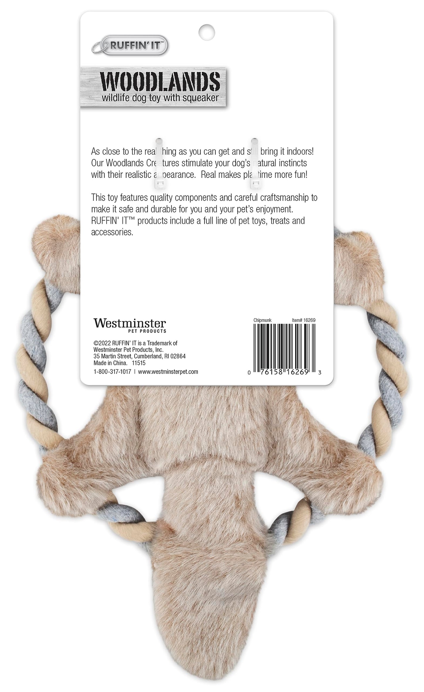 Ruffin' It Plush Chipmunk Dog Toy with Rope Chew Ring, 8.5 Inch, Multi, All Breed Sizes