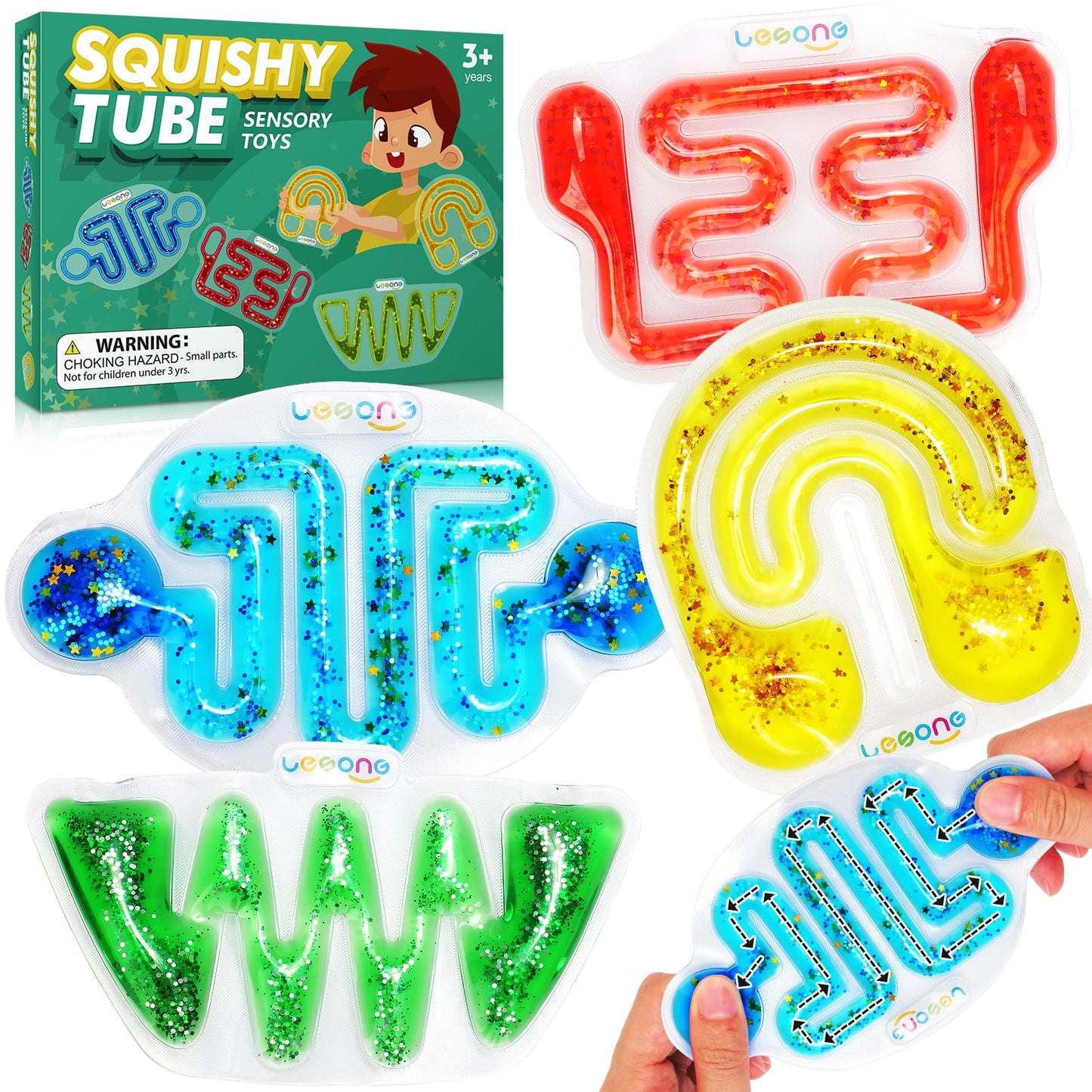 Squishy Sensory Fidget Toys For Kids - Autism Sensory Quiet Fidget For Classroom Students Autistic Children Special Needs, Anxiety Relief For Calm Down, Squeeze Sensory Tube Filled Goo,Glitter