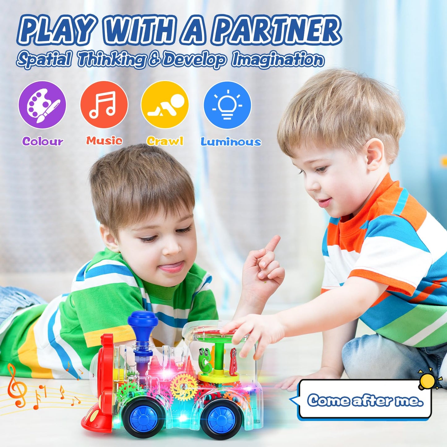 Light Up Train Toys,Fun Electric Transparent Gear Sensory Toy For Kids With Colorful Light Music And Moving Gears,Tummy Time Crawling Baby Toys For Boys Girls
