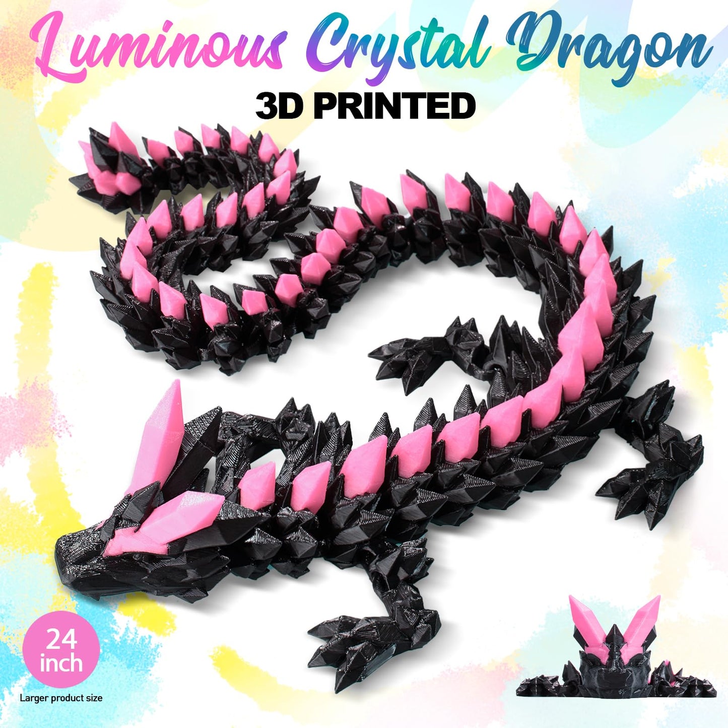 24 Large 3D Printed Glow in the Dark Dragon Flexible Articulated Crystal Dragon Fidget Toy Cool Big Dragons Toy Huge 3D Printed Dragons Gift for Girls Boys Kids age 3-5 4-7 8-12 Christmas & Birthday