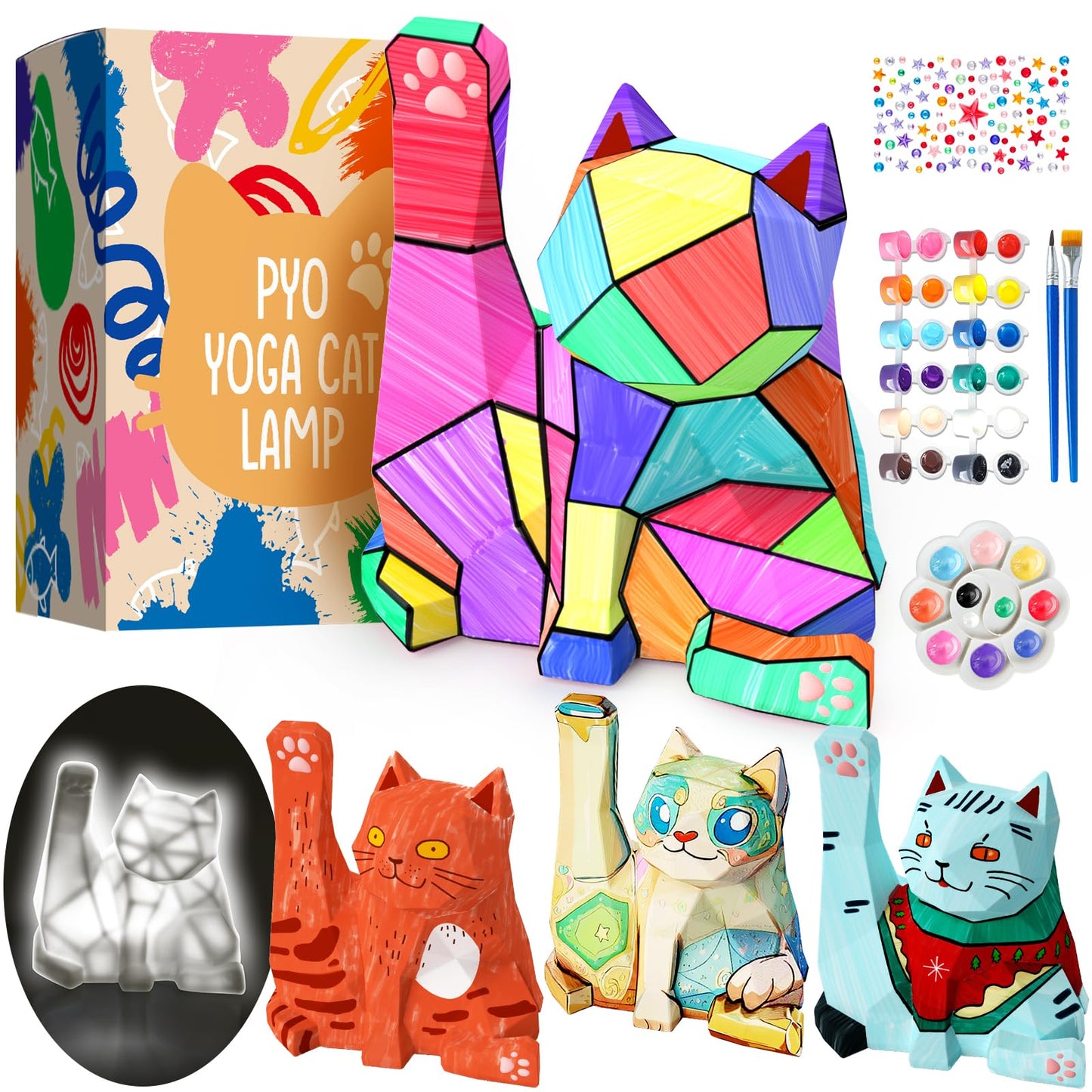 Paint Your Own Yoga Cat Lamp Kit, DIY Cat Crafts Night Light, Arts & Crafts for Kids Age 8-12, Art Supplies Painting Kit, Birthd