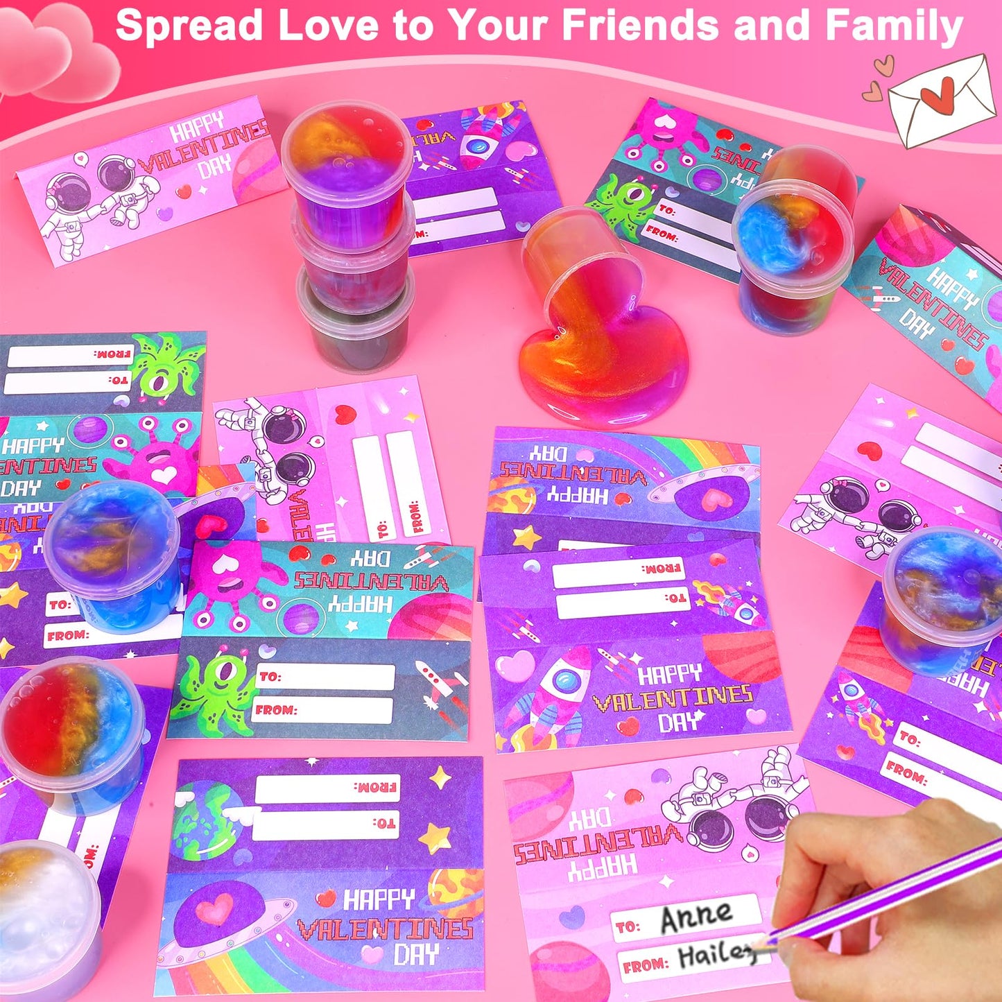 28 Pcs Valentines Day Gifts For Kids Classroom - Galaxy Slime With Valentines Day Cards For Kids School, Slime Stress Relief Fid