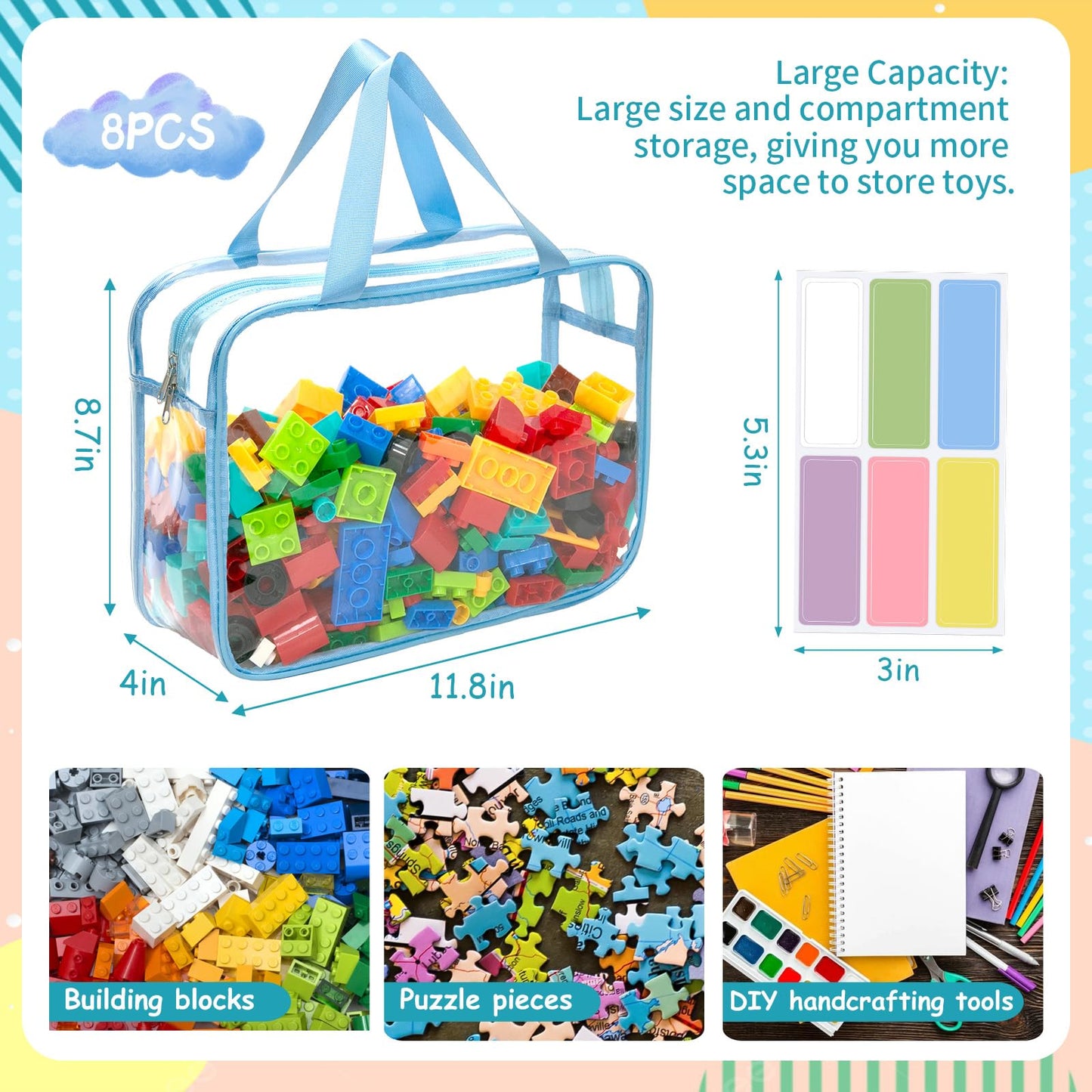 8 Packs 8 Colors Large Toy Storage Bags With Zipper And Labels, Clear Pvc Waterproof Toy Organizers Bags For Board Games, Puzzle
