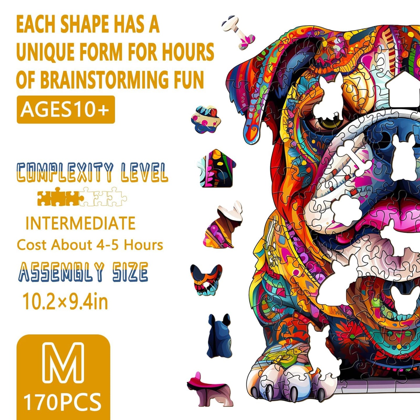Wooden Puzzles for mature-themeds - Advanced Bulldog Wooden Puzzle Unique Shape Dog Puzzle Wooden Jigsaw Puzzles for mature-themeds  Wood Puzzles mature-themed Perfect for Birthday  Family Puzzles 10.2 x 9.4in 170pcs